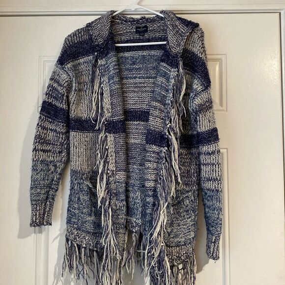 American Eagle Shades of Blue Fringe Knit Hooded Open Sweater Shrug Size L/XL - Picture 1 of 6